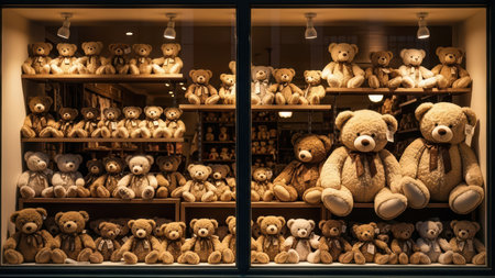 Display of various teddy bears in a store window at night.の素材