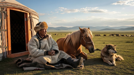 Mature asian male in traditional attire relaxing with horse and dog in mongolian steppe.の素材