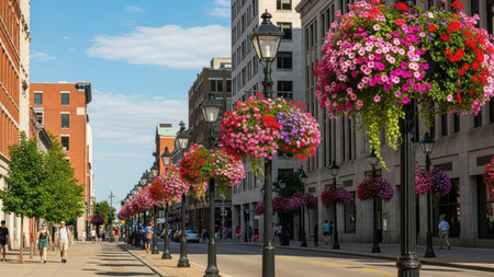 Vibrant hanging flower baskets on urban street under blue sky.の素材