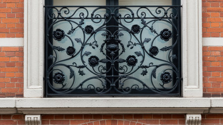 Ornate black iron balcony railing with floral design on red brick building.の素材