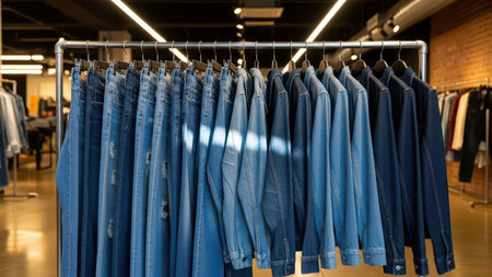 Rack of denim jeans and jackets in modern clothing store.の素材
