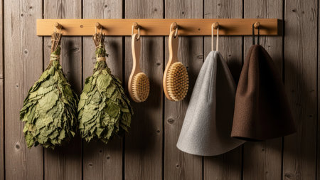 Traditional sauna accessories on wooden wall - brushes, towels, birch leaves.の素材