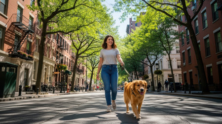 Caucasian female adult walking dog on tree-lined urban street.の素材