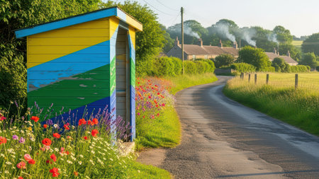 Colorful shelter by countryside road with wildflowers on a sunny day.の素材