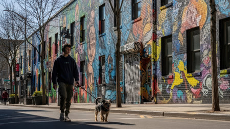 Young caucasian male walking dog along colorful urban graffiti wall.の素材