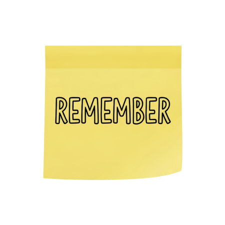 Yellow sticky note with 'remember' text on transparent background.の素材