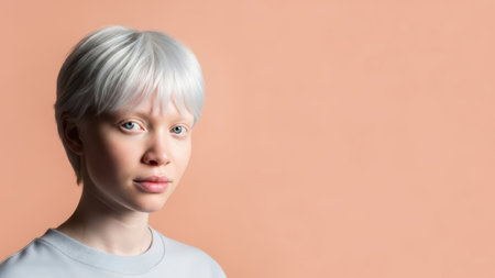 Portrait of elegant woman with short silver hair against peach background.の素材