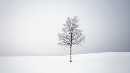 Solitary birch tree in snowy landscape with overcast sky in minimalist winter scene.の素材
