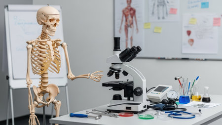 Anatomy and biology educational classroom with skeleton and microscope.の素材