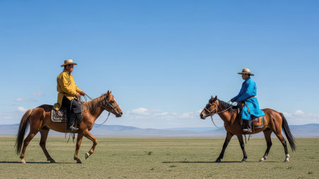 Two asian men horseback riding on mongolian grassland under a clear blue sky.の素材