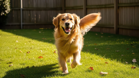 Golden retriever running joyfully on sunlit green lawn in backyard.の素材
