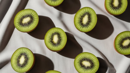 Fresh kiwi pattern on fabric background for creative design.の素材