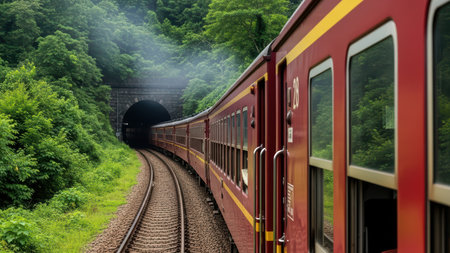 Red train entering tunnel through lush green forest on curved tracks.の素材