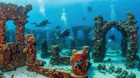 Divers exploring vibrant underwater ruins with colorful coral and fish in clear blue ocean.の素材