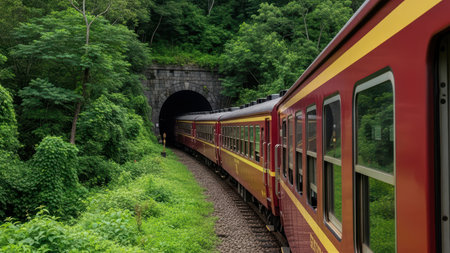 Red train passing through lush green forest and dark tunnel entry.の素材