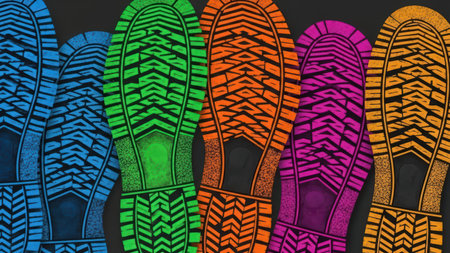Colorful shoe sole pattern in blue, green, orange, pink on dark background.の素材