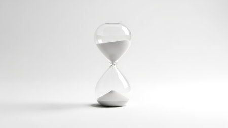 Minimalist glass hourglass with flowing sand on white background symbolizing time and simplicity.の素材