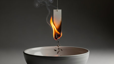 Hanging burning paper strip above white bowl with ash and smoke against dark background.の素材