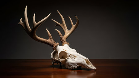 Decorative deer skull with antlers on wooden surface in dark setting.の素材