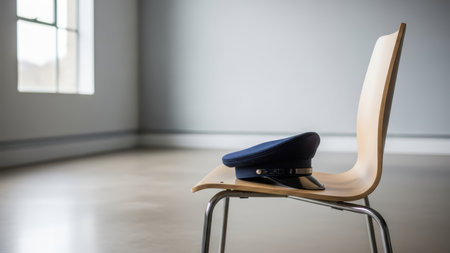 Pilot cap on wooden chair in minimalist room with large window.の素材