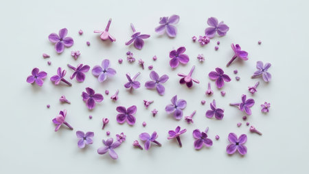 Scattered purple and lilac flowers on white background - minimalist floral arrangement.の素材