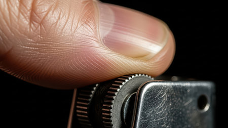 Close-up of finger igniting metal lighter on black background.の素材