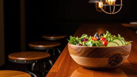 Fresh garden salad with cucumbers and cherry tomatoes in wooden bowl on wooden restaurant table.の素材