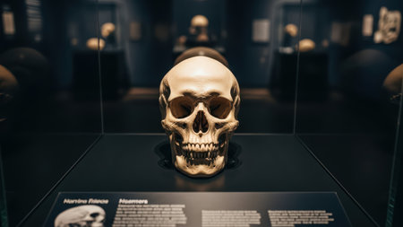 Exhibit of a human skull in a museum display case with descriptive plaques.の素材