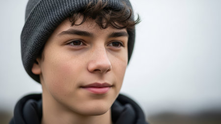 Young caucasian male teen wearing gray beanie outdoors with soft background.の素材