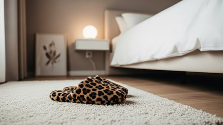 Cozy modern bedroom interior with leopard print slippers on beige carpet near bed at night.の写真素材