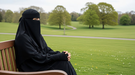 Thoughtful asian female in niqab sitting on bench in peaceful green park setting.の素材