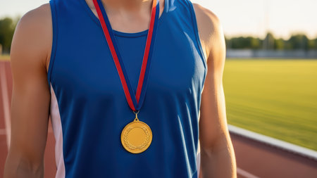 Young caucasian male athlete wearing gold medal on track field in blue tank top.の素材