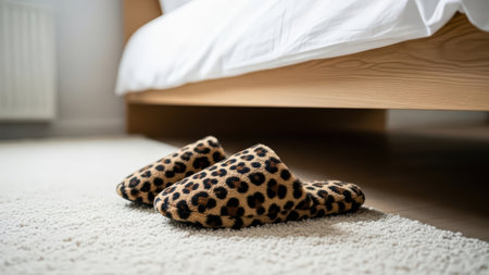 Leopard print slippers on beige carpet in bright modern bedroom setting.の写真素材