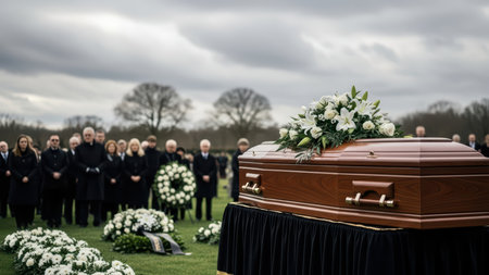 Funeral ceremony with casket and mourning caucasian adults in outdoor setting under cloudy sky.の写真素材