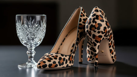 Leopard print high heels and crystal glass on black table â stylish fashion statement.の写真素材