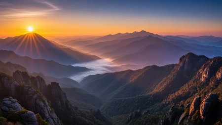 Breathtaking mountain sunrise over rolling hills and misty valleys.の写真素材