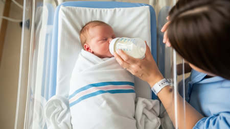 Newborn baby feeding bottle in hospital nursery with caring caucasian female adult.の写真素材