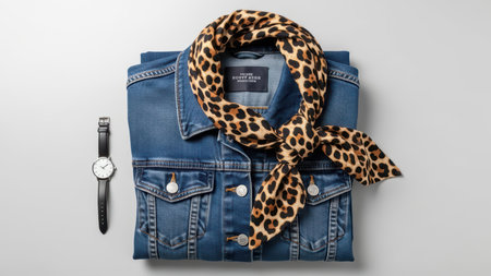 Folded blue denim jacket with leopard print scarf and black leather watch on light background.の写真素材