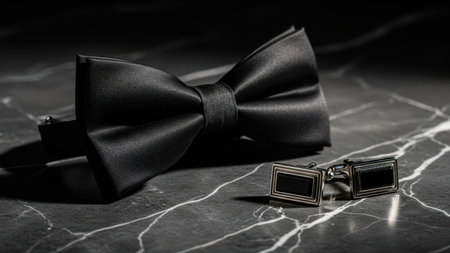 Elegant black bow tie and rectangular cufflinks on marble surface in sophisticated setting.の写真素材