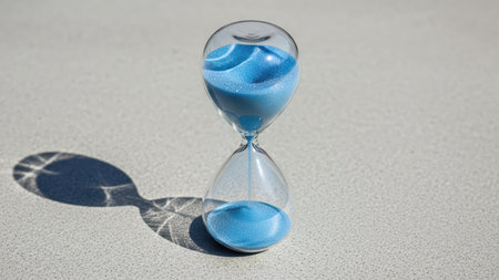 Blue sand hourglass casting shadow on light gray surface in sunlight.の素材