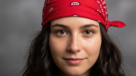 Caucasian young female wearing red bandana with long brown hair and gray background.の素材