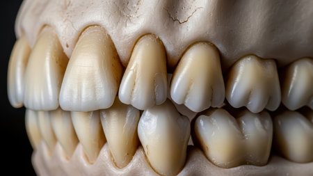 Detailed view of dental anatomy with close-up of upper and lower human teeth arrangement.の素材