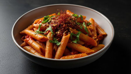 Delicious penne pasta in tomato sauce with fresh basil, chili flakes, and garnishes on a dark surface.の素材