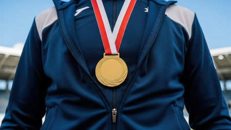 Male athlete wearing gold medal in blue tracksuit at outdoor sports event.の素材