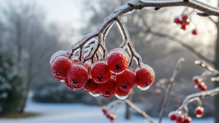 Red berries encased in ice on winter branch with morning frost.の写真素材