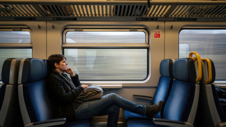 Female adult sitting on train, reflecting during journey, wearing black jacket with bag.の写真素材