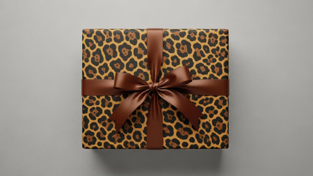 Leopard print gift box with satin ribbon on neutral background.の写真素材