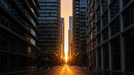 Urban sunset between tall modern buildings with warm golden light.の写真素材