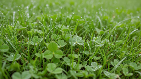 Fresh dew on vibrant green grass and clover leaves in a spring meadow.の写真素材