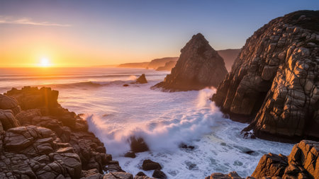 Dramatic coastal sunrise with waves crashing against rocky cliffs.の写真素材